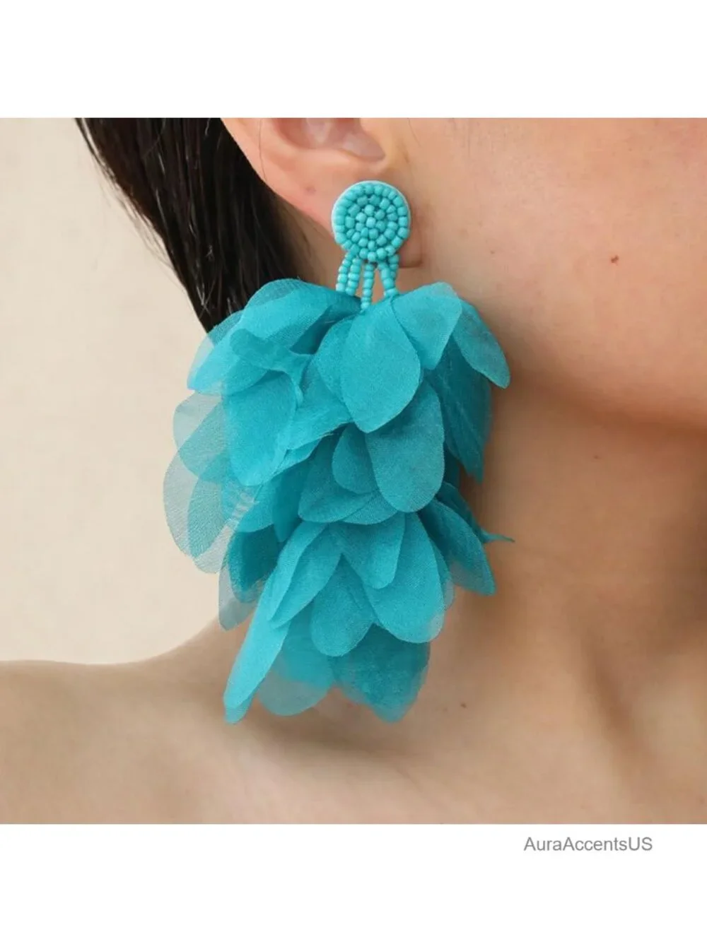 Bohemian Flower Drop Dangle Earrings Handmade Chiffon Floral Long Tassel